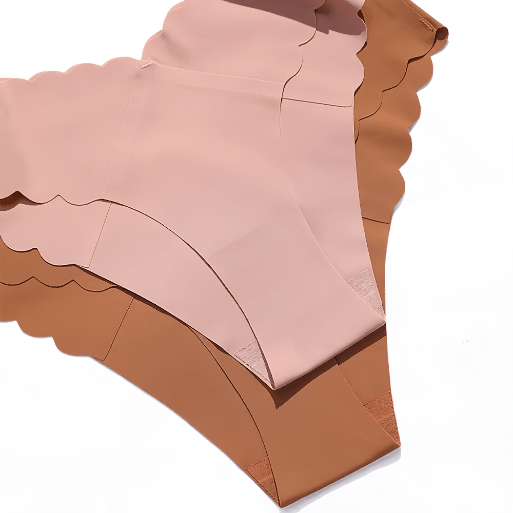 Ice Silk Seamless Ruffle Thong Panties for Women - SF4662 in soft pink and brown with scalloped edges.