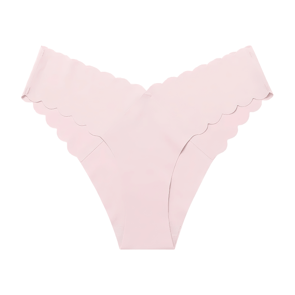 Ice Silk Seamless Ruffle Thong Panties for Women - SF4662 in soft pink color with scalloped edges.