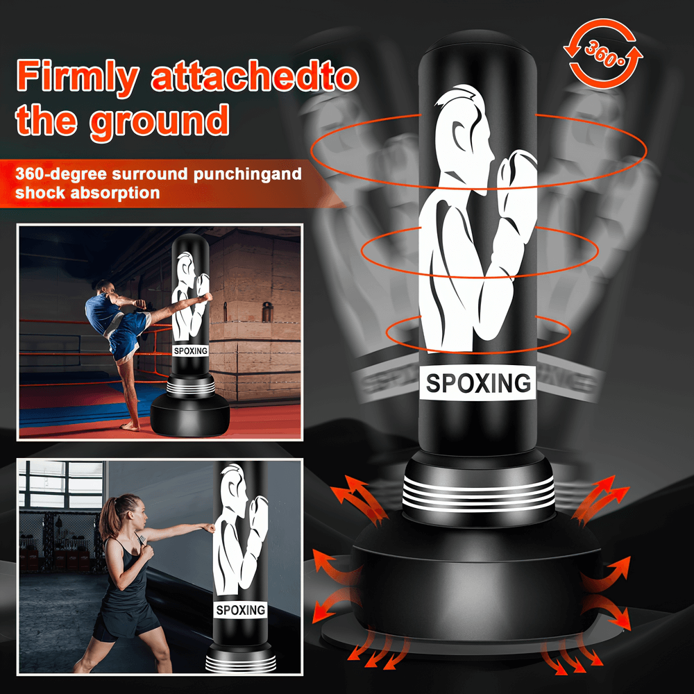 Inflatable punching bag with stand showcasing 360-degree rebound feature for boxing and MMA training. Includes gloves and pump.