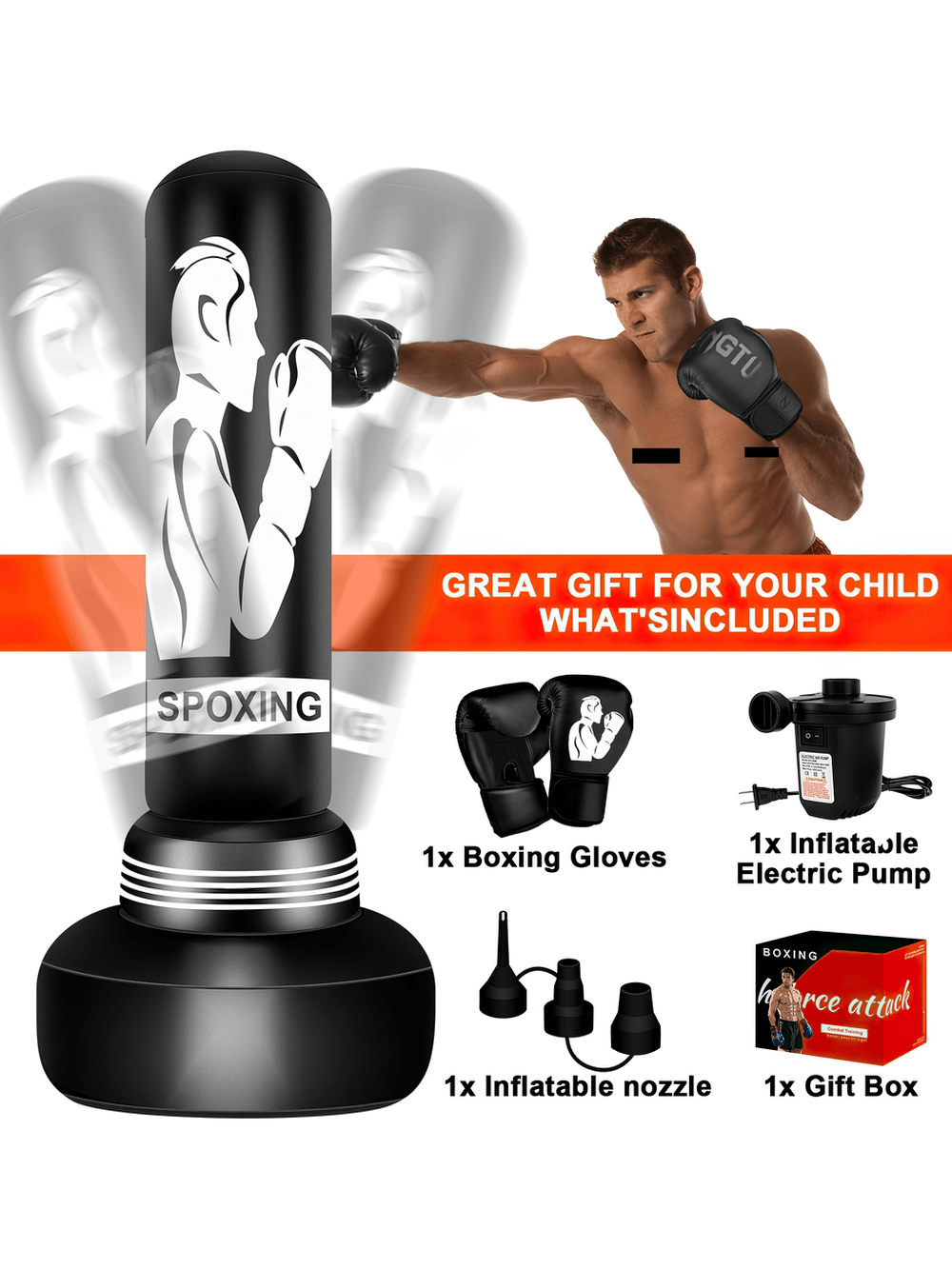 Inflatable boxing bag with gloves, pump, and gift box. Great for training. Includes boxing gloves, electric pump, and nozzle.