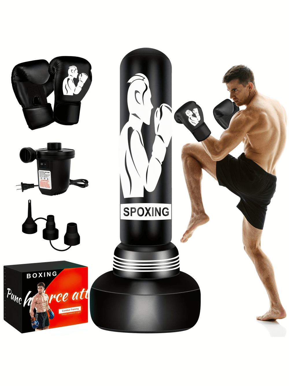 Inflatable boxing bag set SF2729 with gloves, pump, and a man practicing kickboxing. Perfect for boxing, MMA, and training.