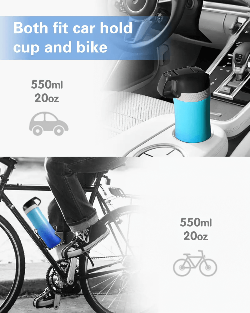 Insulated 20oz stainless steel water bottle fits car cup holder and bike mount, perfect for on-the-go hydration.