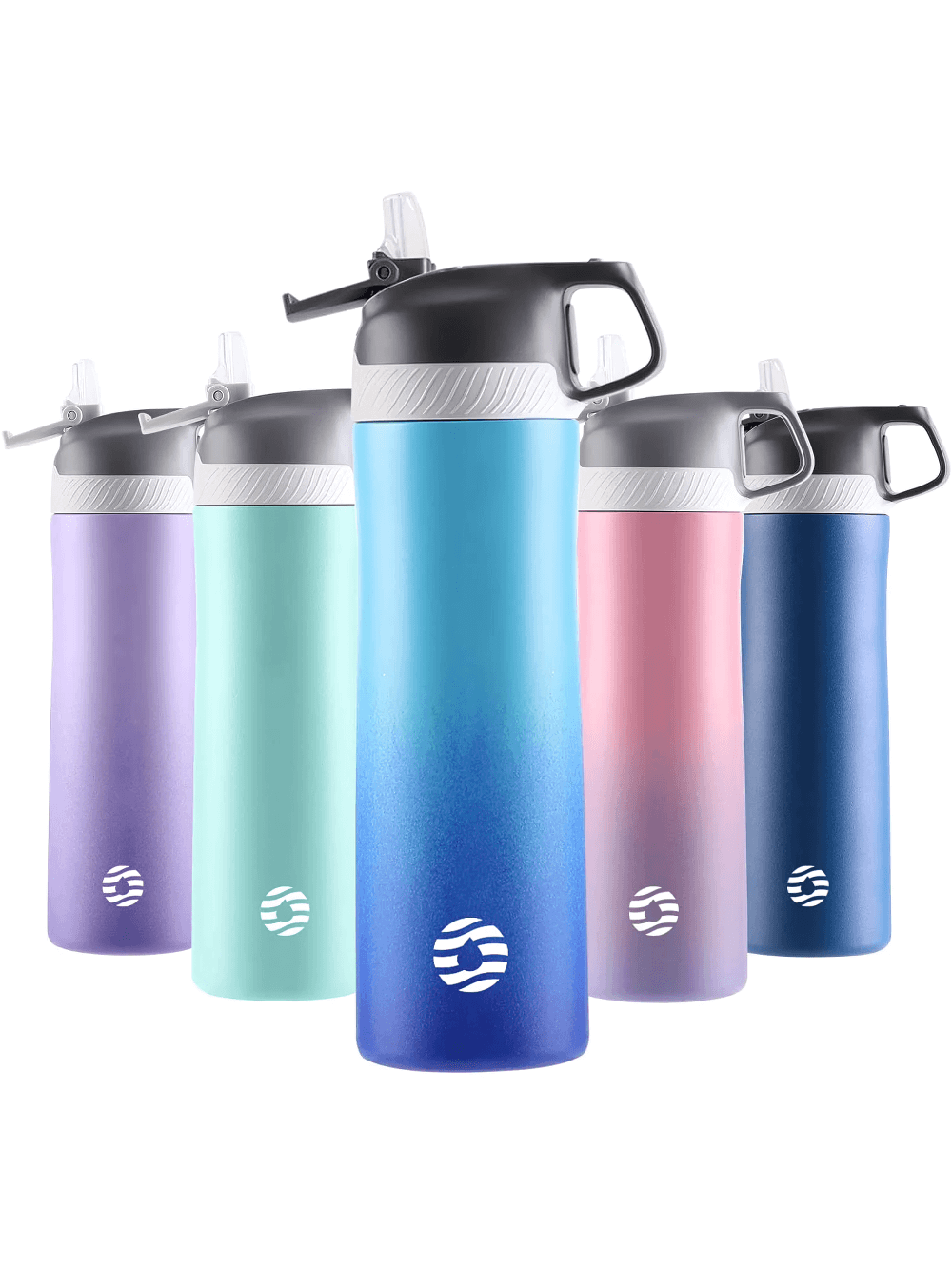 Colorful insulated stainless steel water bottles with straw, 20oz size, leakproof and double-wall vacuum seal, perfect for hot or cold drinks.