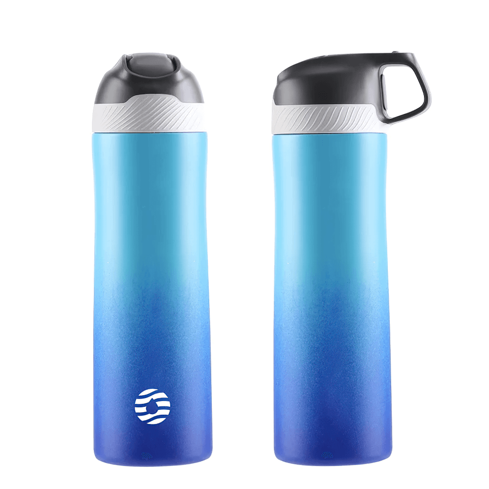Blue insulated stainless steel water bottle with straw and leakproof design, perfect for hot or cold drinks.