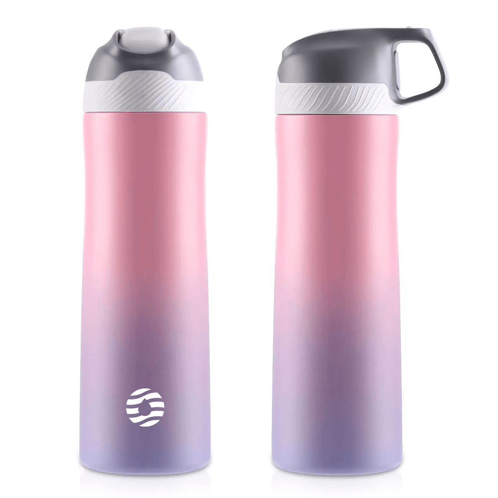 Gradient pink and purple insulated stainless steel water bottle with straw, leakproof design, 20oz capacity, perfect for hot or cold drinks.