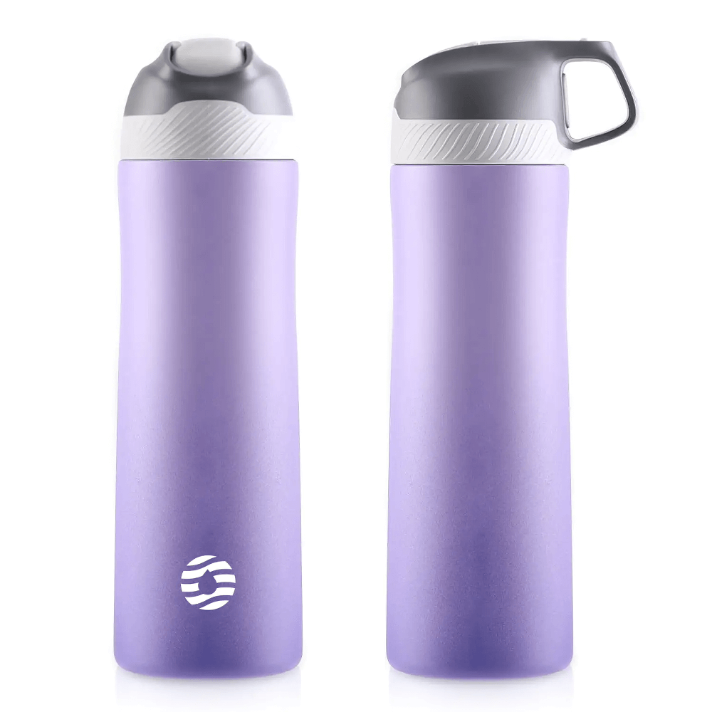 Insulated stainless steel water bottle with straw, leakproof design, double-wall vacuum, 20oz, purple, ideal for hot and cold drinks.