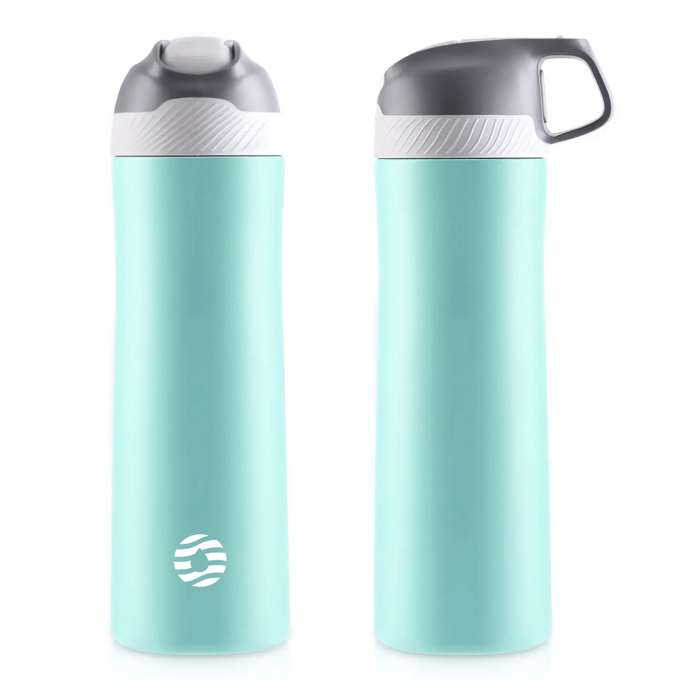 Light blue insulated stainless steel water bottle with leakproof straw lid, perfect for hot or cold drinks. Ideal for travel and workouts.