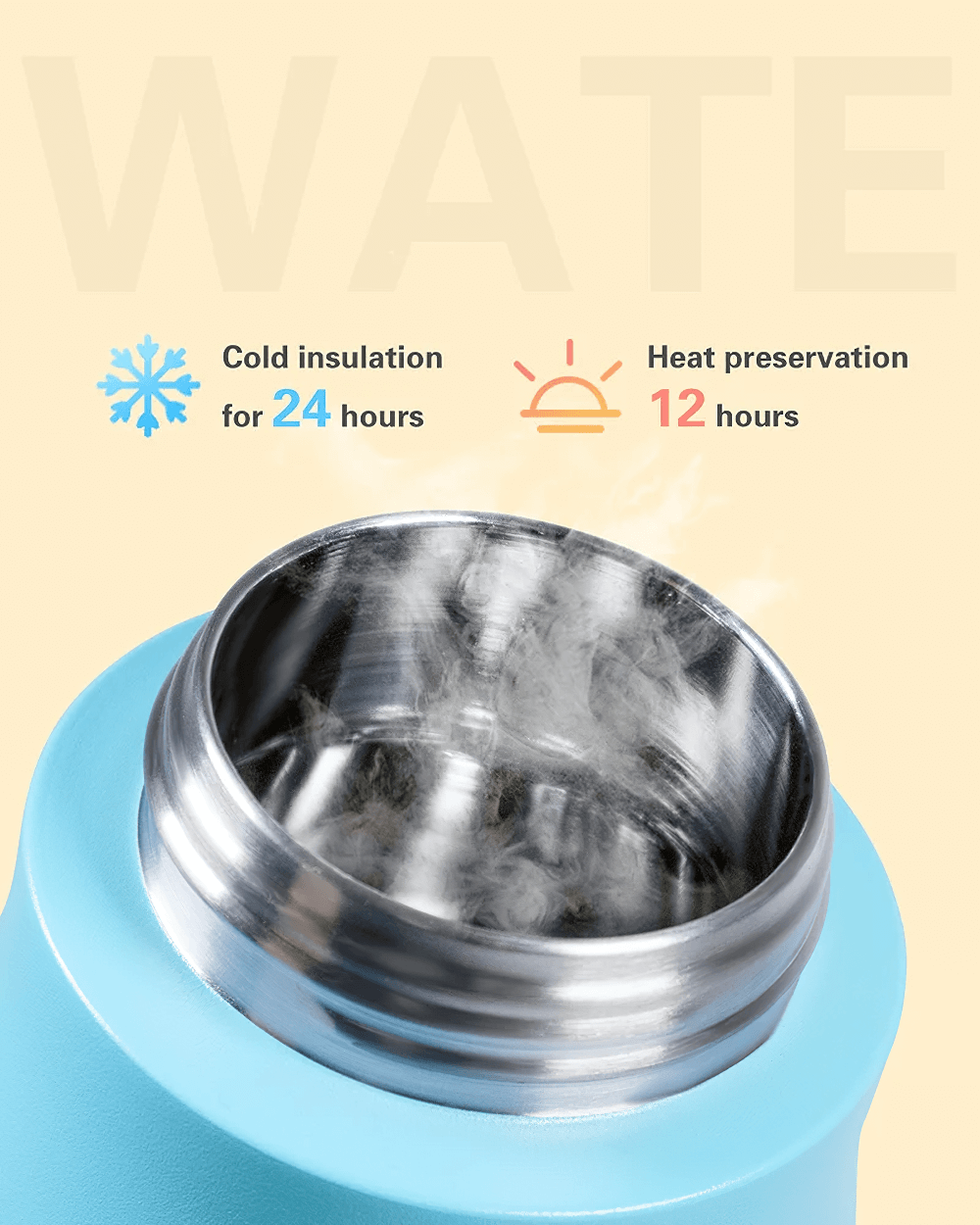 Insulated stainless steel water bottle with steam, showcasing double-wall vacuum seal and hot-cold preservation features.