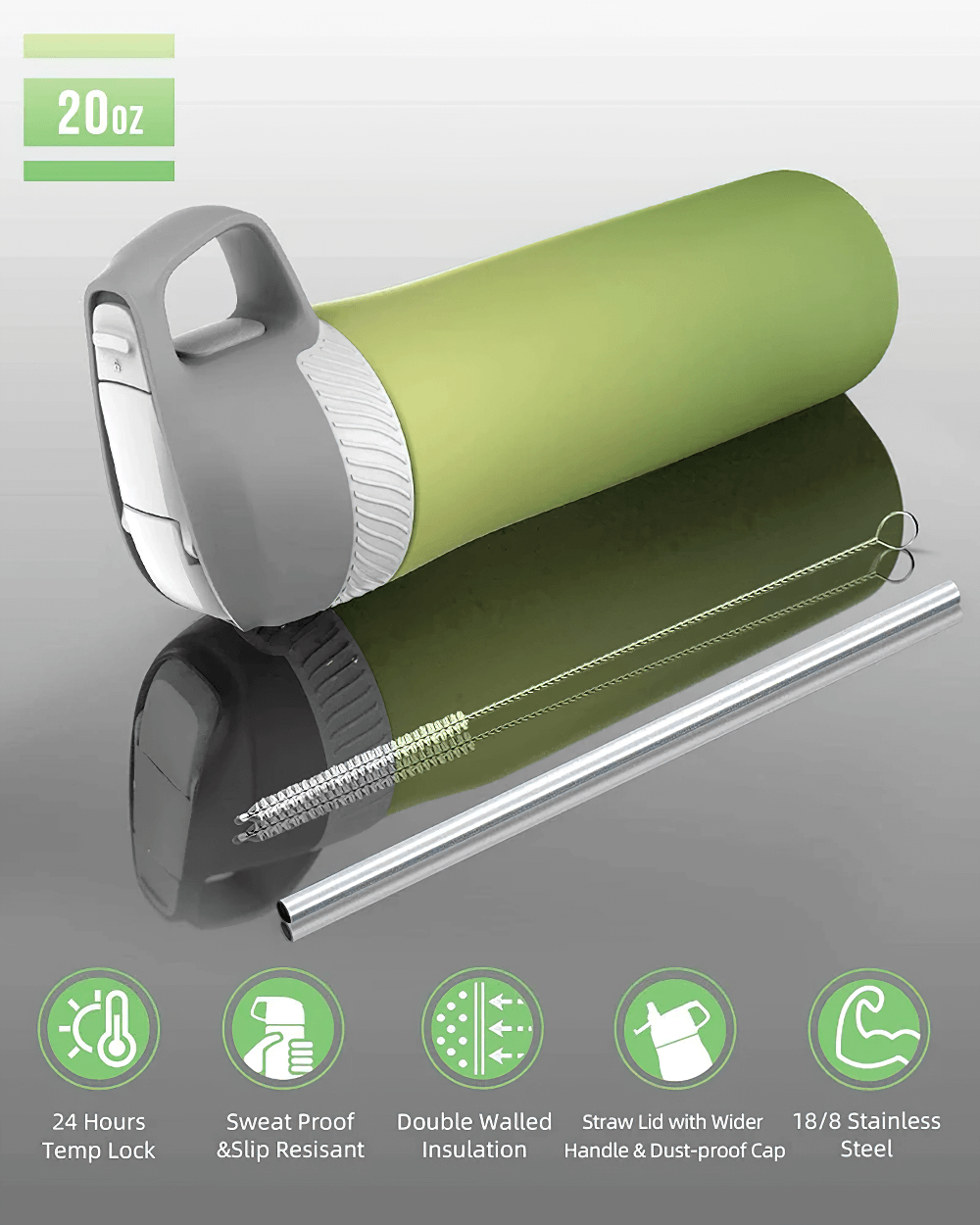 20oz green insulated stainless steel water bottle with leakproof straw lid, double wall vacuum, ideal for hot or cold drinks.
