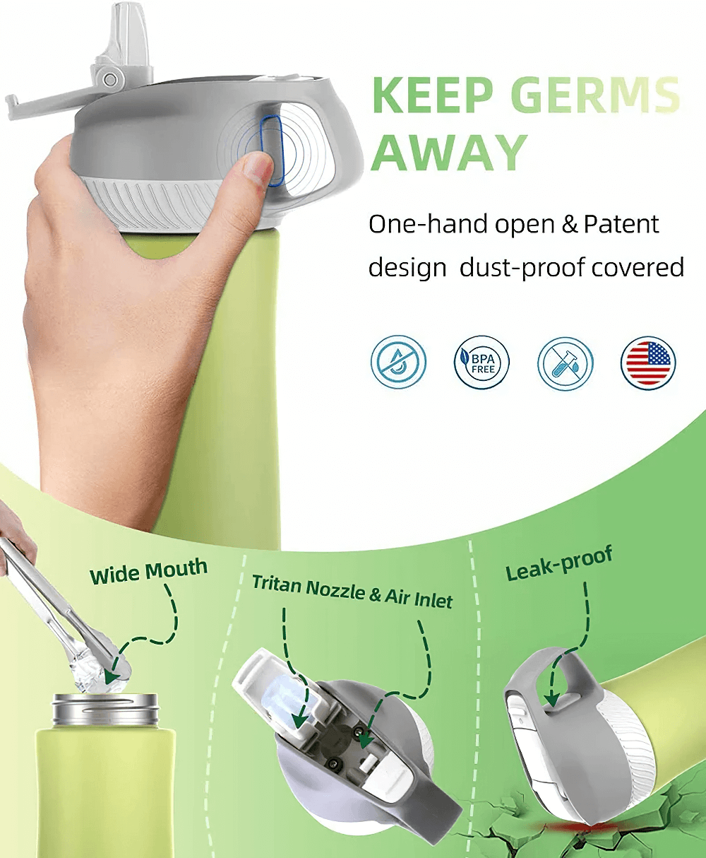 Innovative dust-proof insulated water bottle lid, highlighting one-hand open feature and leak-proof design with BPA-free assurance.