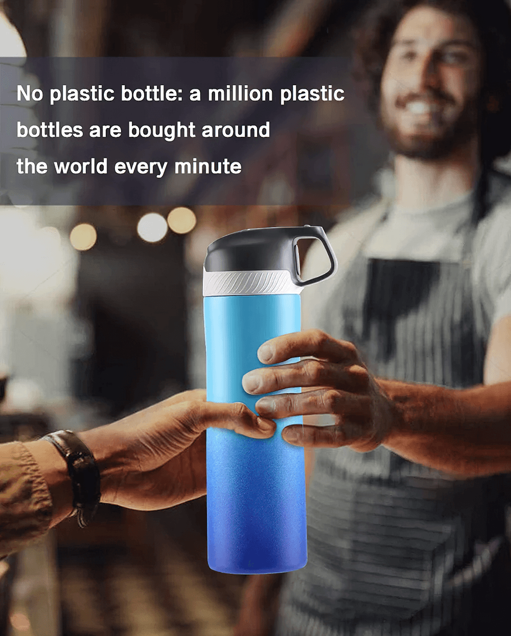 Person holding blue insulated stainless steel water bottle with straw lid, highlighting eco-friendly alternative to plastic bottles.