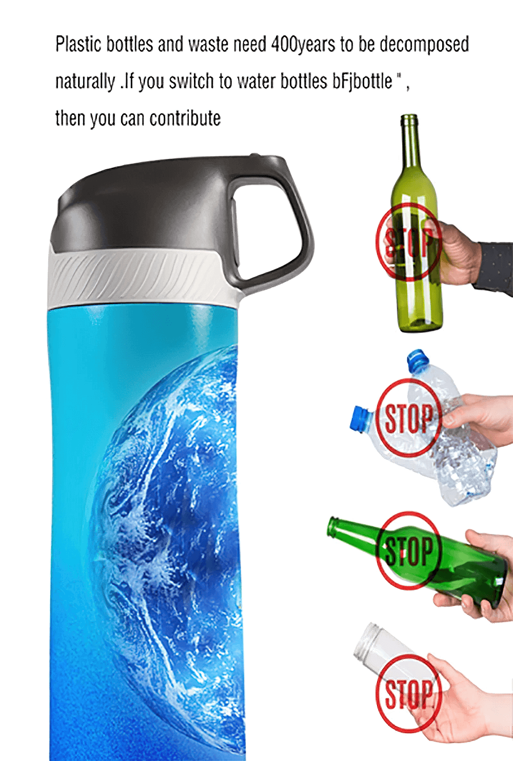 Insulated stainless steel water bottle promoting eco-friendly switch from plastic with images of stop signs on plastic waste.
