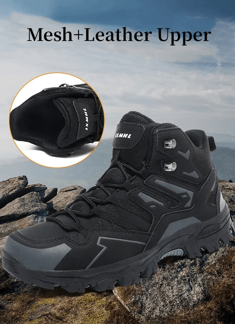 Insulated unisex leather hiking boots with cushioning on rocky terrain, featuring mesh upper and durable lace-up design.