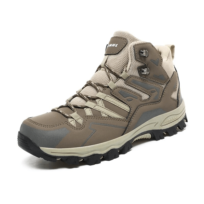 Insulated unisex leather hiking boots with cushioning in brown, featuring durable waterproof materials and a rubber outsole for stability.