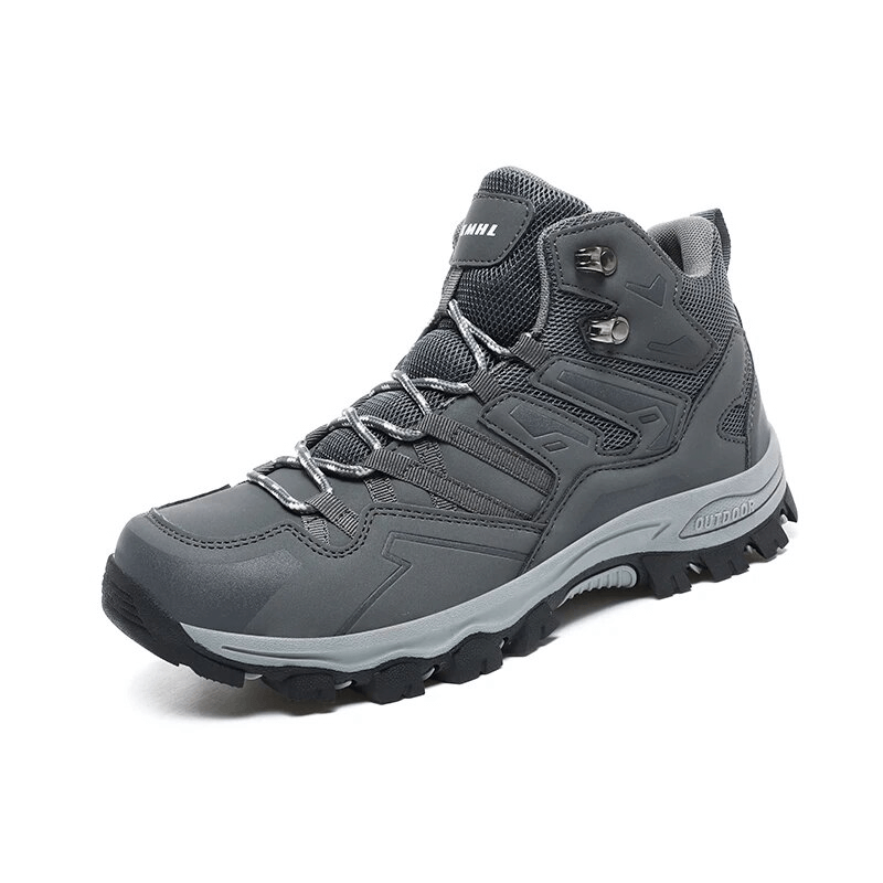 Gray insulated leather hiking boot with cushioning and lace-up design, featuring a rubber outsole for stability and waterproof protection.