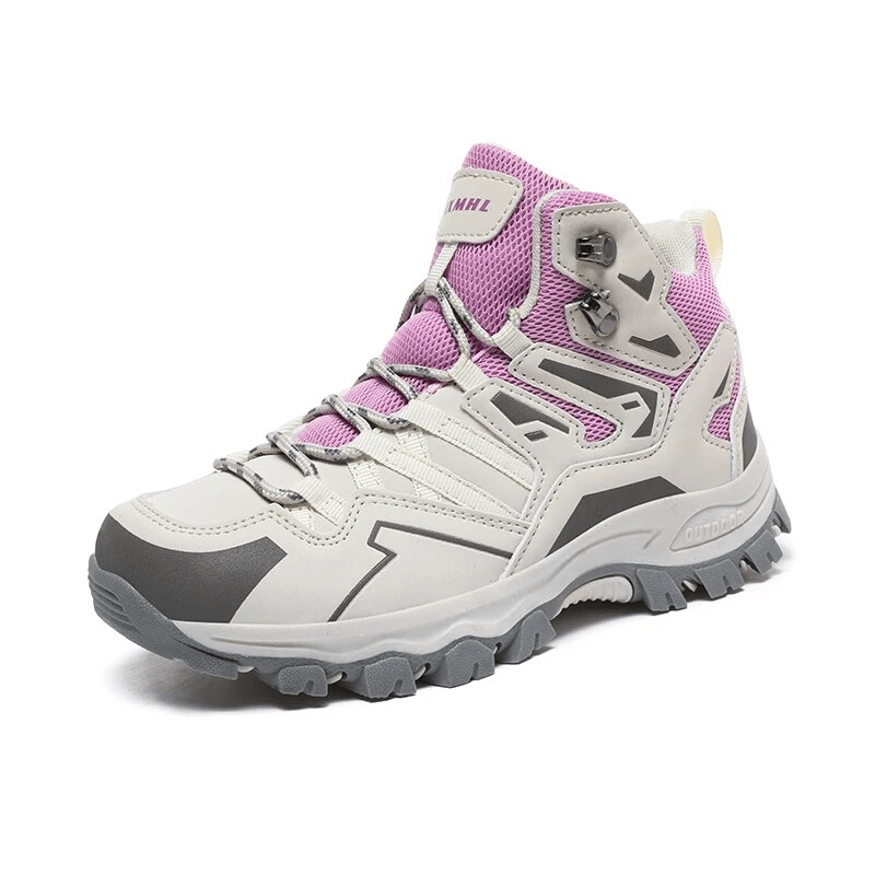 Purple and grey insulated unisex leather hiking boot with cushioning and waterproof microfiber material, ideal for outdoor adventures.