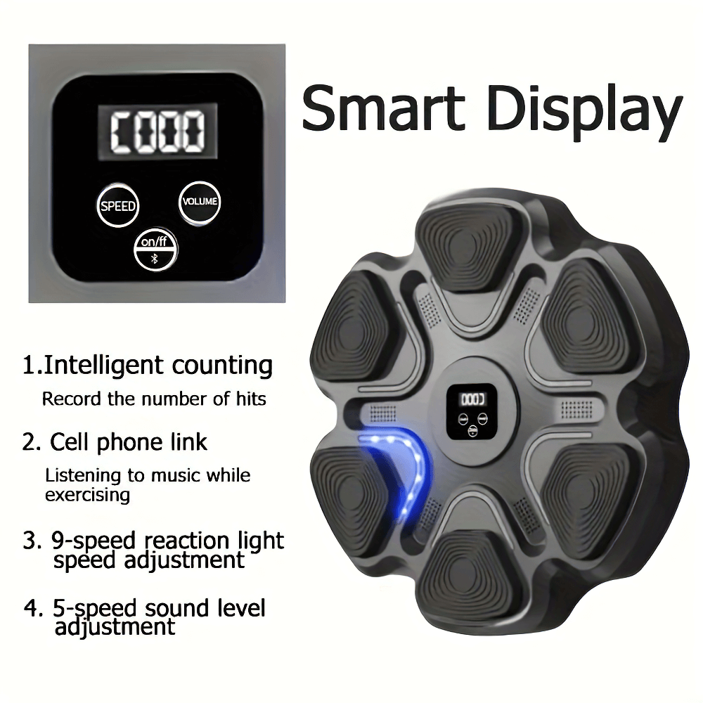 Wall-mounted Bluetooth boxing trainer with 9-speed light adjustment, smart display, and intelligent counting for training.