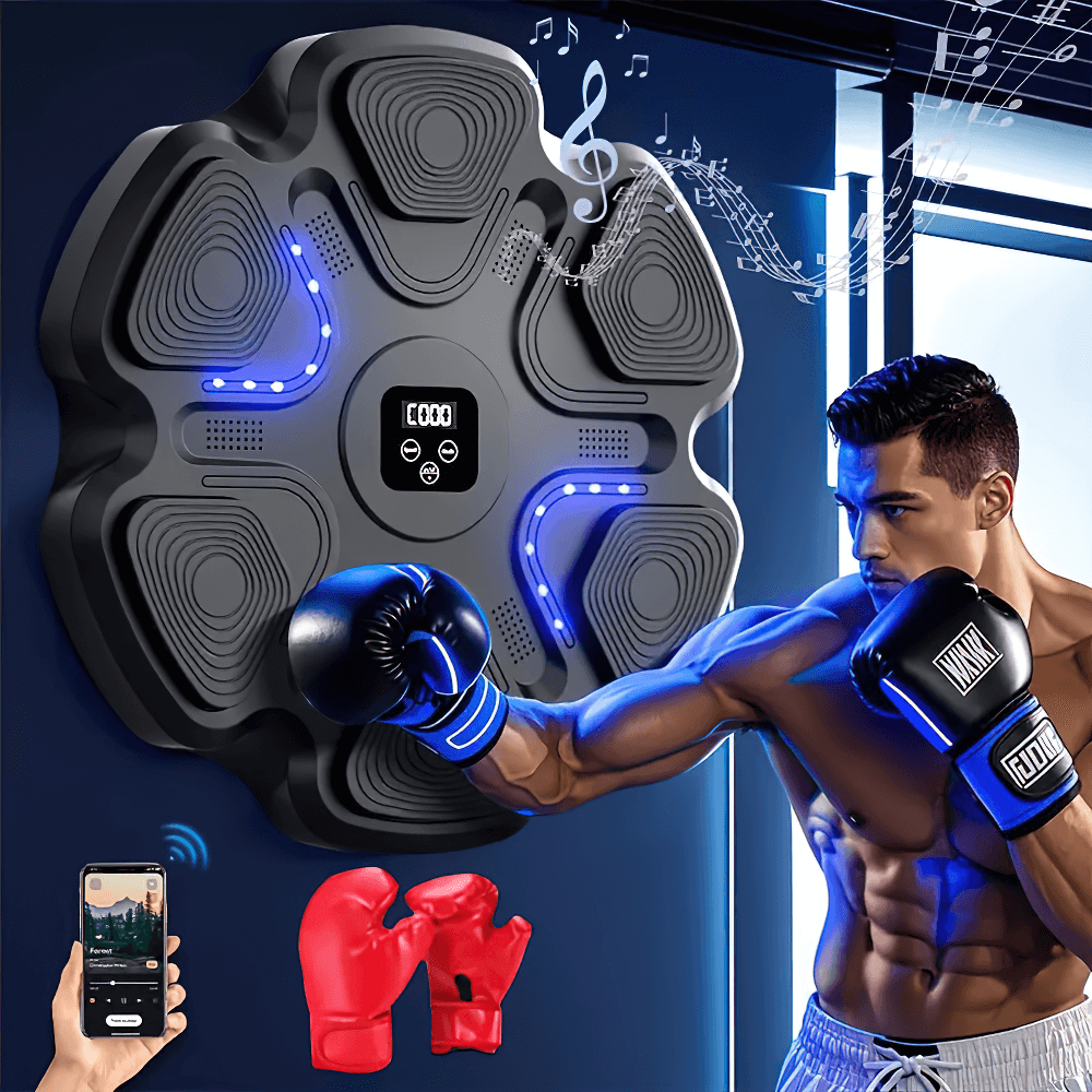 Interactive wall-mounted boxing trainer SF2730 with gloves, featuring Bluetooth-enabled reaction speed training for enhanced reflexes.