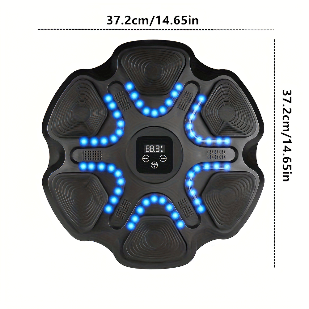 Interactive wall-mounted boxing trainer SF2730 with LED lights, showing dimensions of 37.2cm. Bluetooth-enabled for smart training.