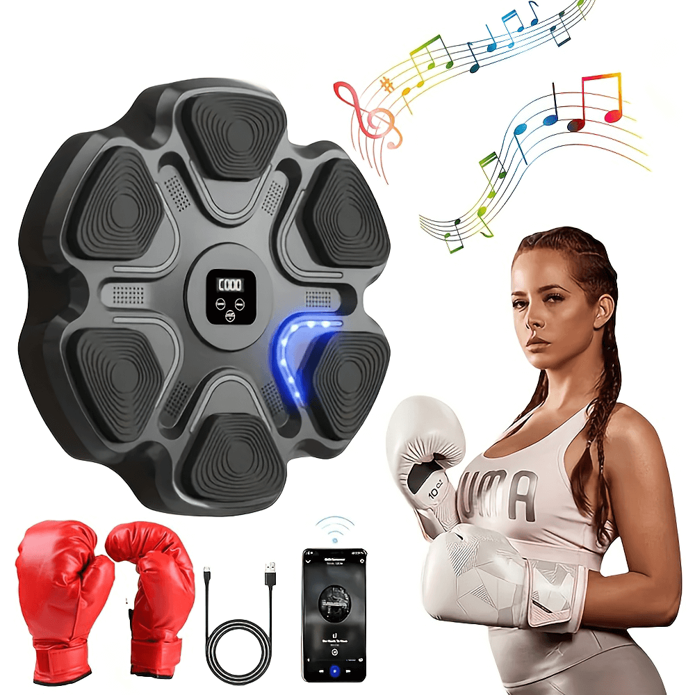 Interactive Wall-Mounted Boxing Trainer SF2730 with gloves, Bluetooth-enabled for reflex training, featuring lights and smart counting system.