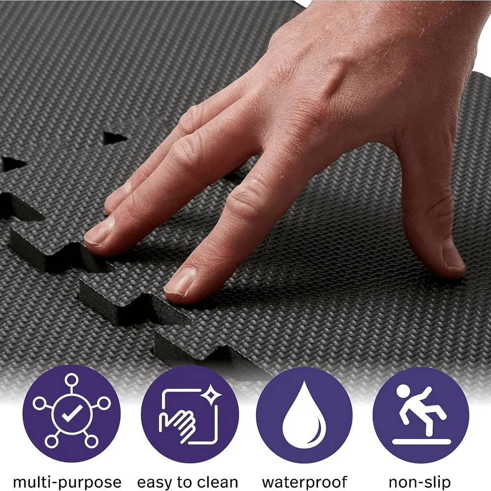 Interlocking EVA Foam Floor Mat Tiles Set - SF3472 being assembled, featuring multi-purpose use, easy to clean, waterproof, and non-slip qualities.