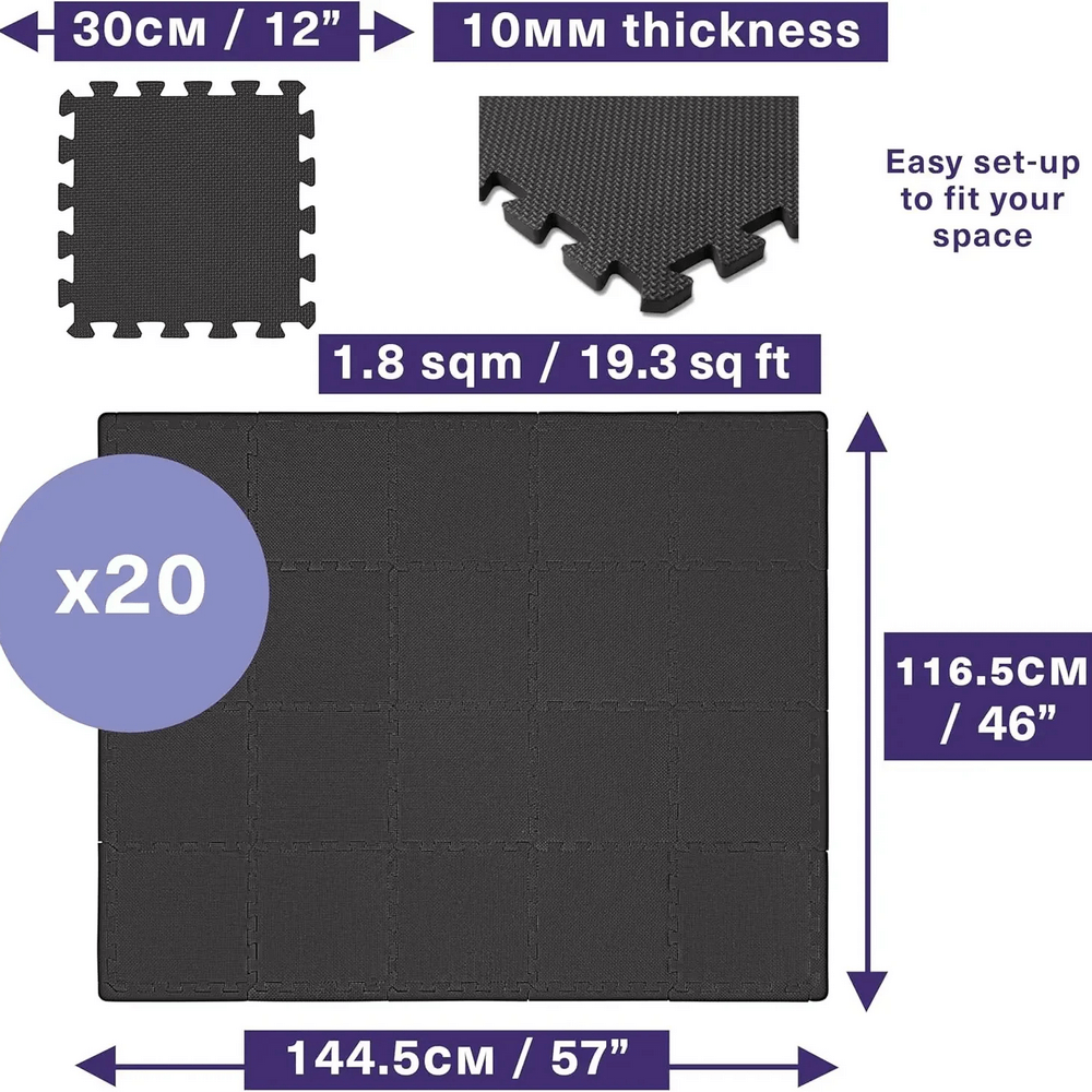 Interlocking EVA Foam Floor Mat Tiles Set - SF3472, dimensions and easy setup, 30x30cm, 10mm thick, 20-piece