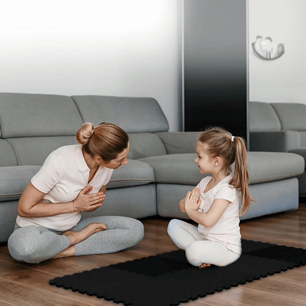 Mother and child practicing yoga on Interlocking EVA Foam Floor Mat Tiles Set - SF3472 in a cozy living room setting.