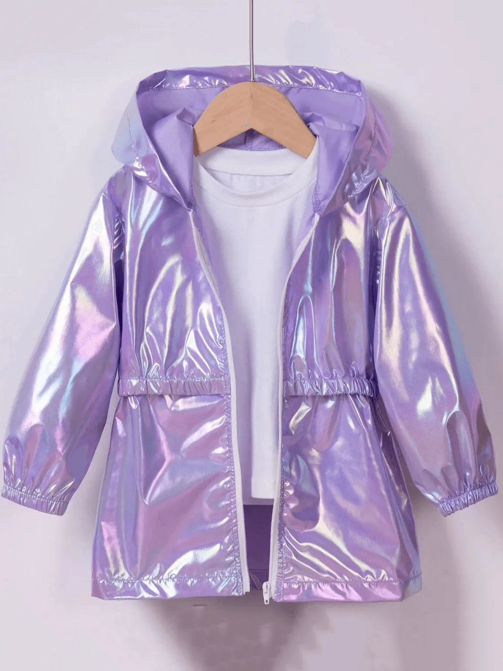 Shiny purple Iridescent Hooded Breathable Zipper Jacket - SF3590 on hanger, perfect for stylish weather protection.