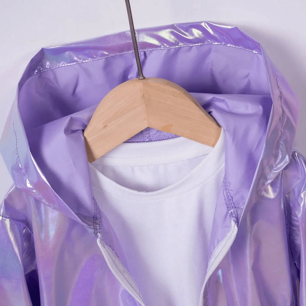 Iridescent Hooded Breathable Zipper Jacket - SF3590 on wooden hanger against light background