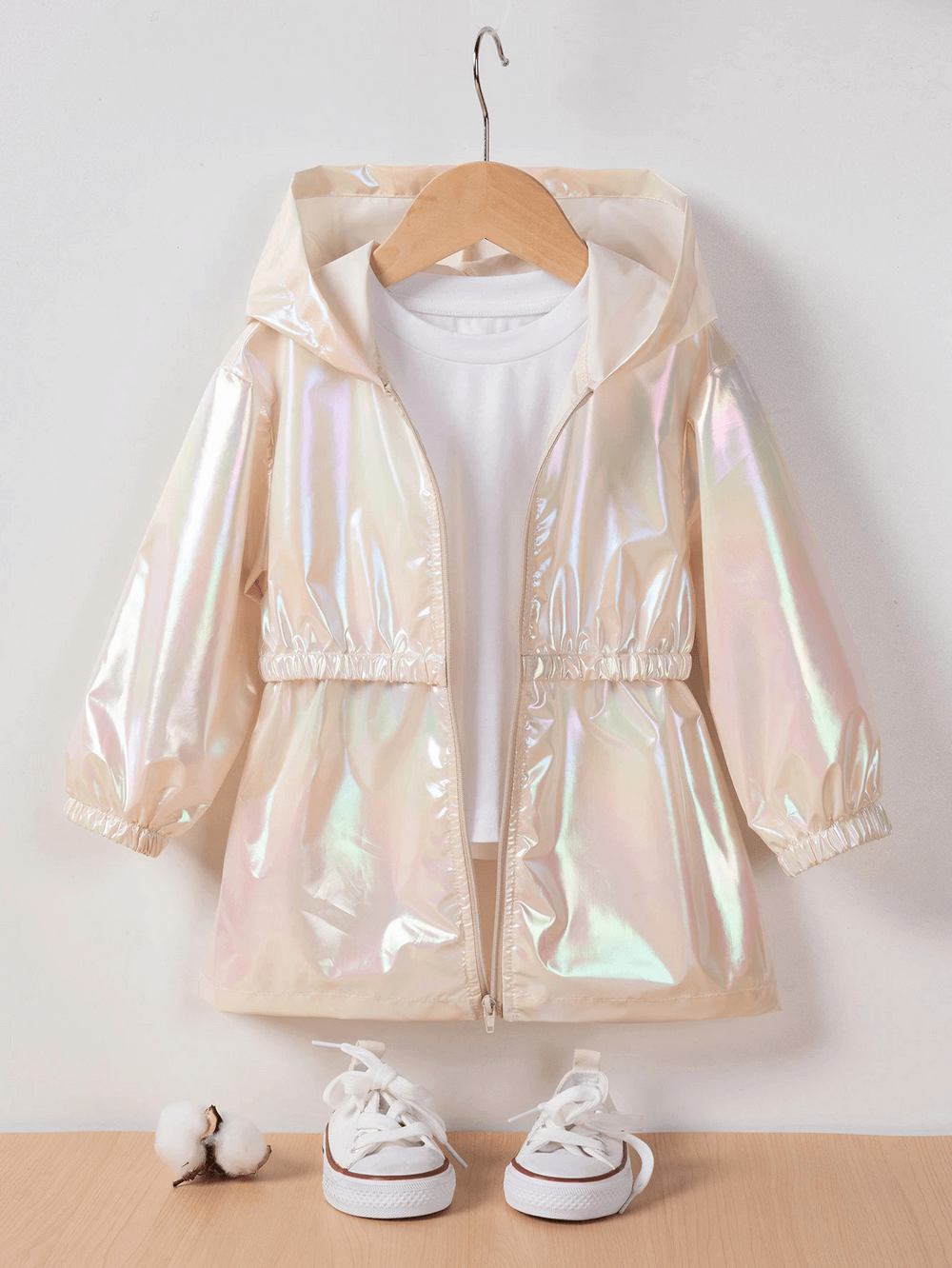 Stylish Iridescent Hooded Breathable Zipper Jacket - SF3590 on hanger with shoes, perfect for trendy fashion lovers.