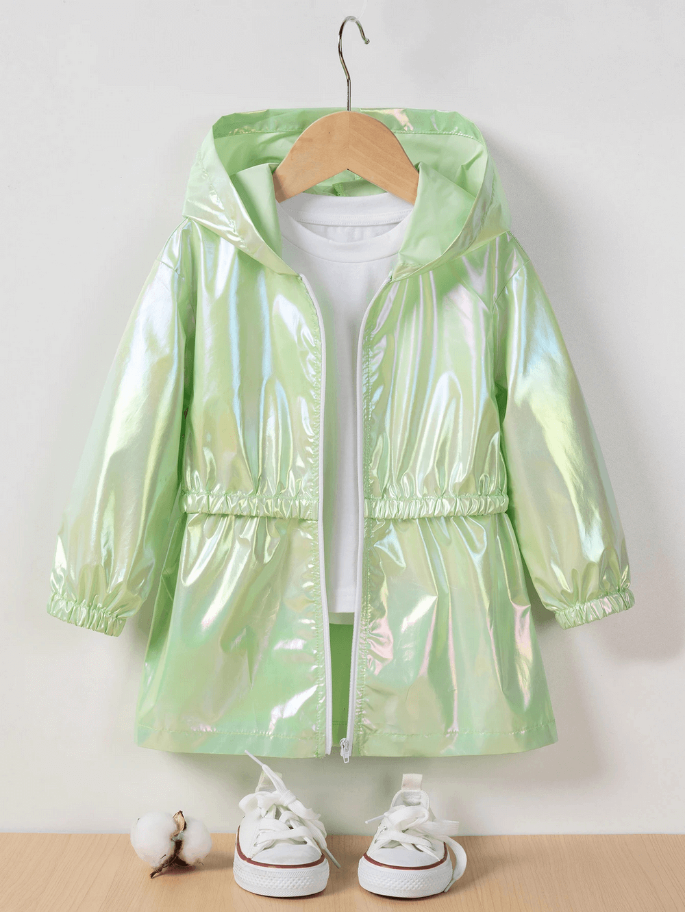 Iridescent Hooded Breathable Zipper Jacket - SF3590 displayed on hanger with matching shoes and a cotton flower accessory.