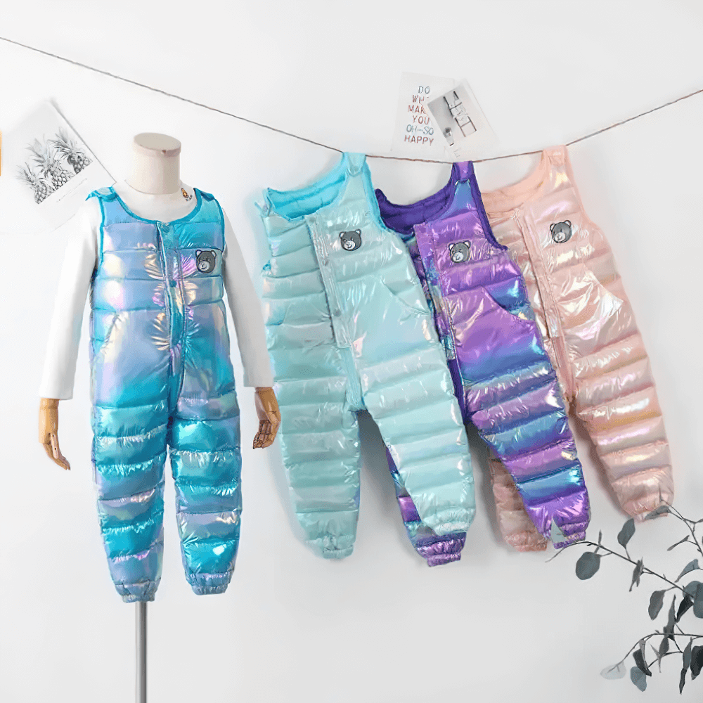 Colorful display of Iridescent Kids Winter Down Cotton Strap Snow Pants - SF3770, perfect for toddlers on snowy days.
