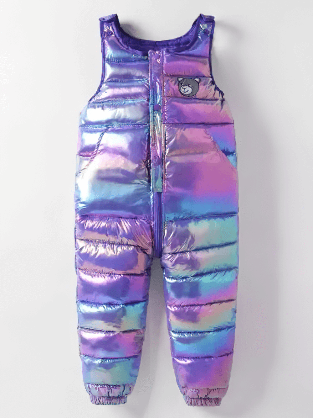 Iridescent Kids Winter Down Cotton Strap Snow Pants - SF3770 in purple and blue gradient, insulated one-piece for cold weather.