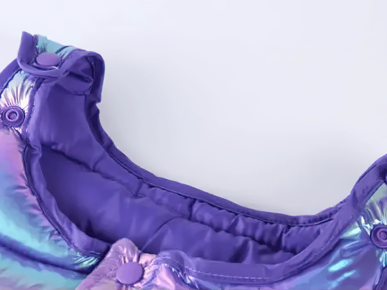 Close-up of Iridescent Kids Winter Down Cotton Strap Snow Pants - SF3770 showing purple lining and secure buttons for warmth.