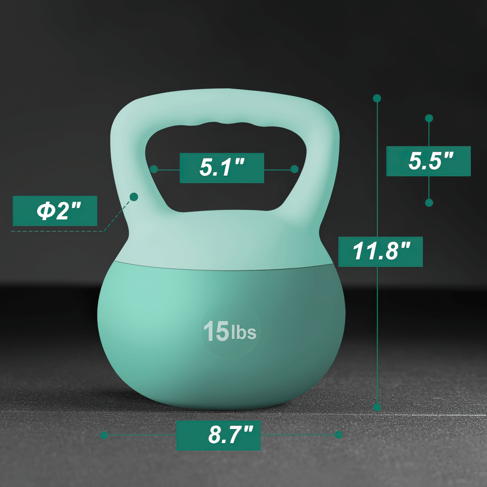 15lb adjustable kettlebell for home and gym strength training, featuring wide handle for stability and PVC-coated iron body in teal color.