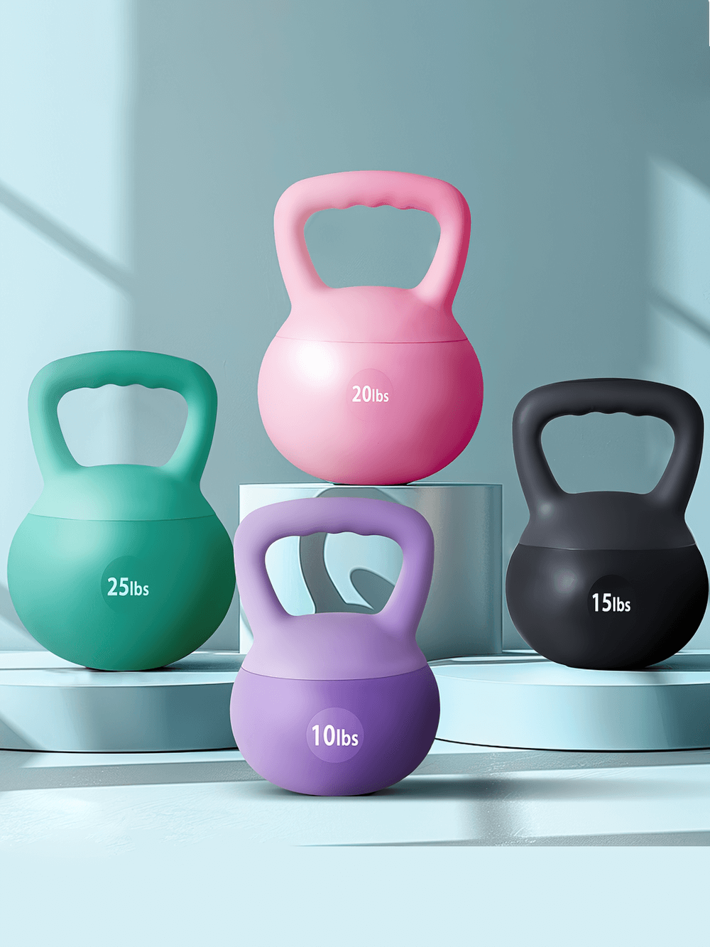 Colorful kettlebells for home and gym, available in black, pink, purple, and green. Perfect for strength and endurance training.