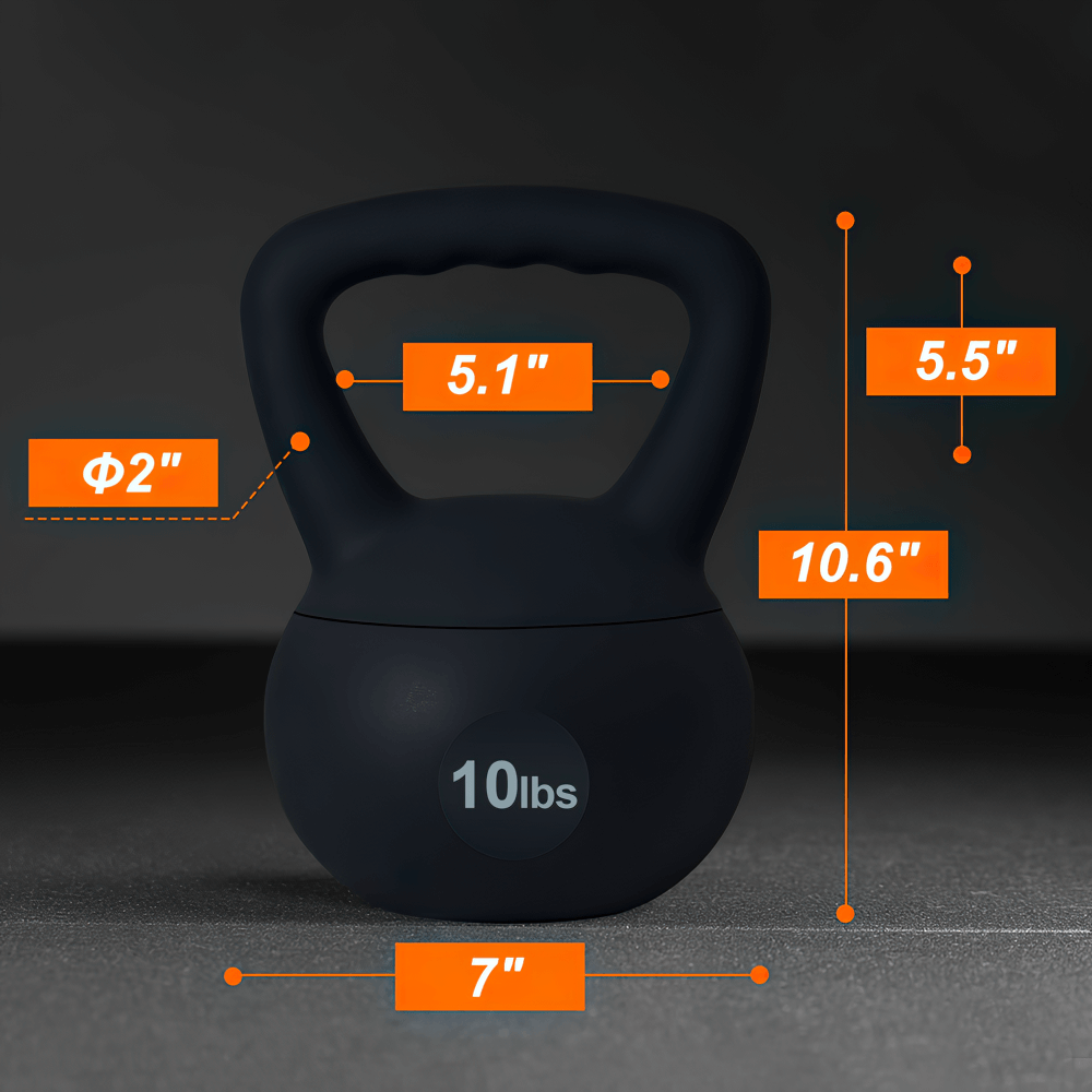 10lb black kettlebell with dimensions 7x5.1x5.5 inches, ideal for home and gym strength training. PVC-coated for durability.