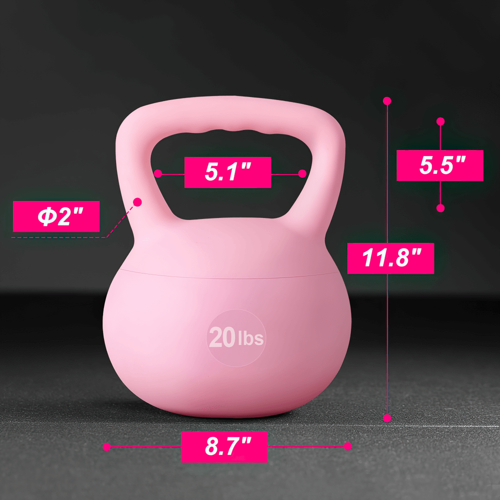 20lb pink kettlebell with wide handle, dimensions highlighted, ideal for versatile strength training at home and gym - SF2957.