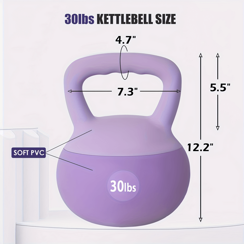 Purple 30 lbs soft PVC kettlebell with wide handle, perfect for home and gym strength training.