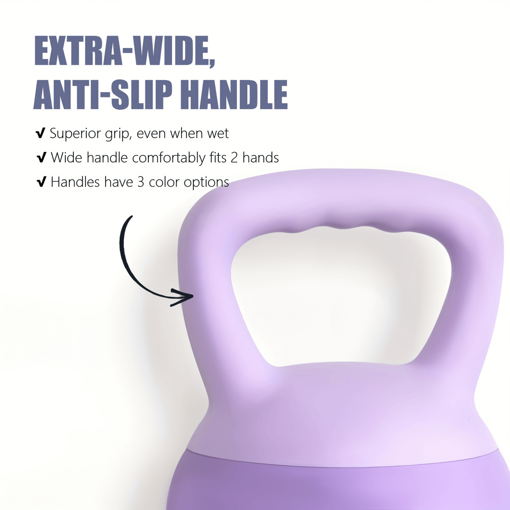 Purple kettlebell with extra-wide anti-slip handle for superior grip, perfect for home and gym strength training workouts.