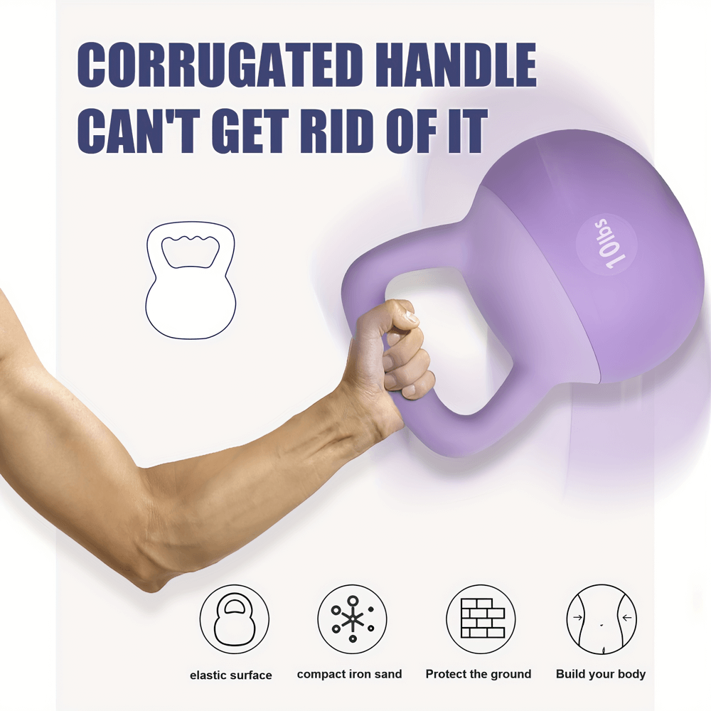 Versatile purple kettlebell with corrugated handle for home and gym strength training, showcasing ergonomic design and durability.