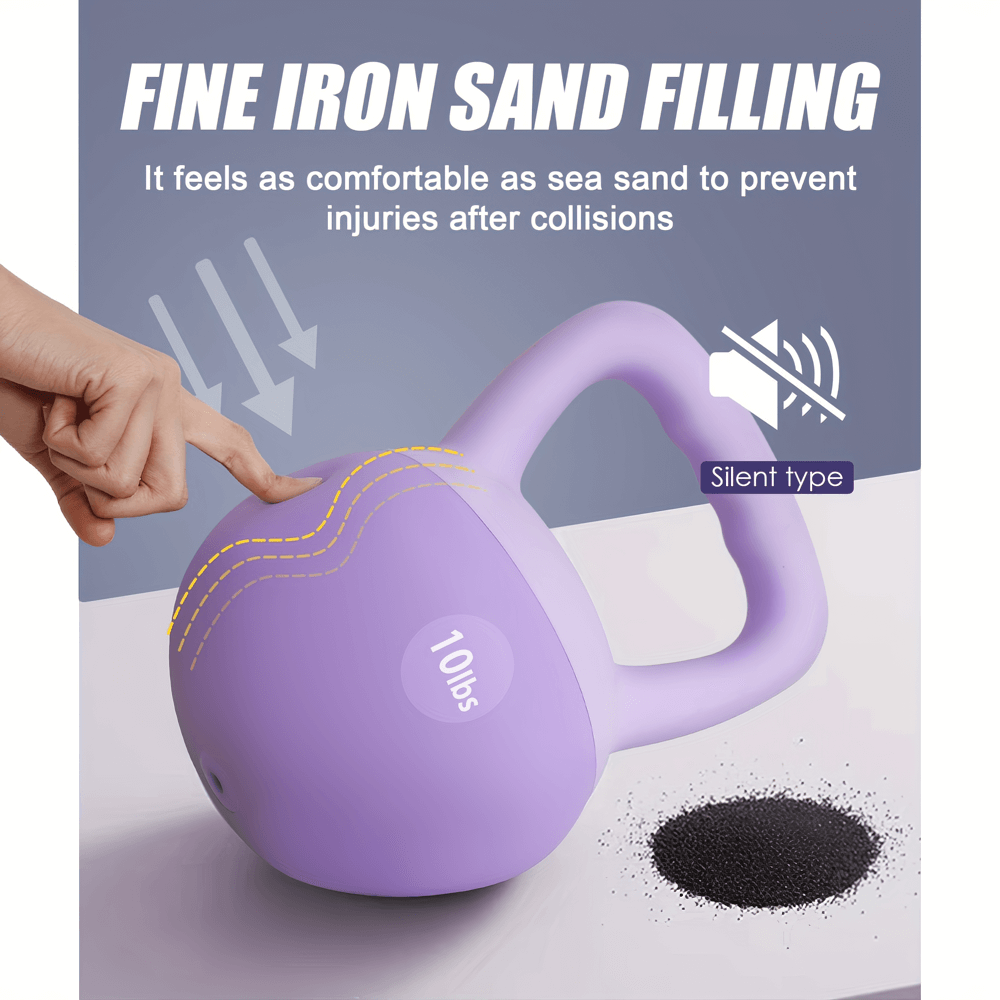 Purple kettlebell with fine iron sand filling for comfortable grip, 10 lbs, promoting injury prevention, silent type for home workouts.