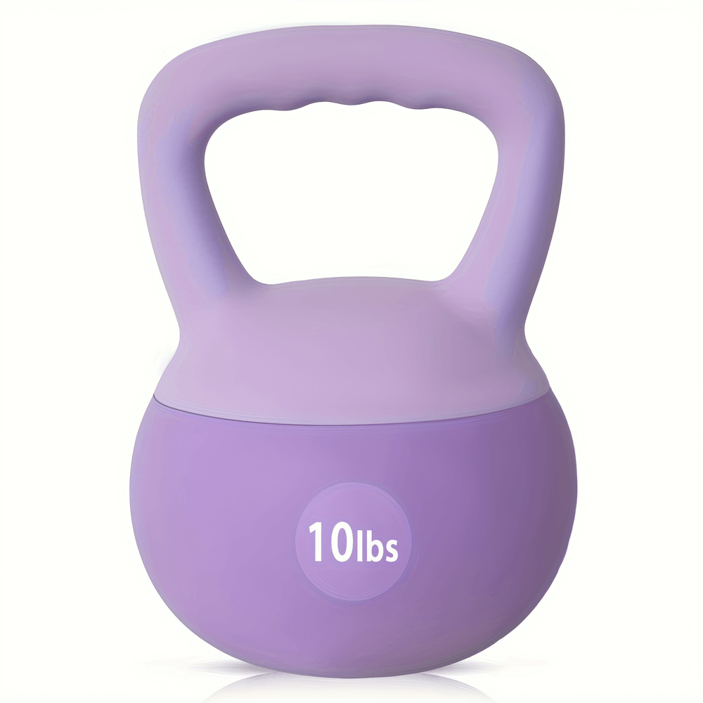 Purple 10lbs kettlebell with wide handle for strength training. Ideal for home gym workouts. Durable PVC-coated iron design.