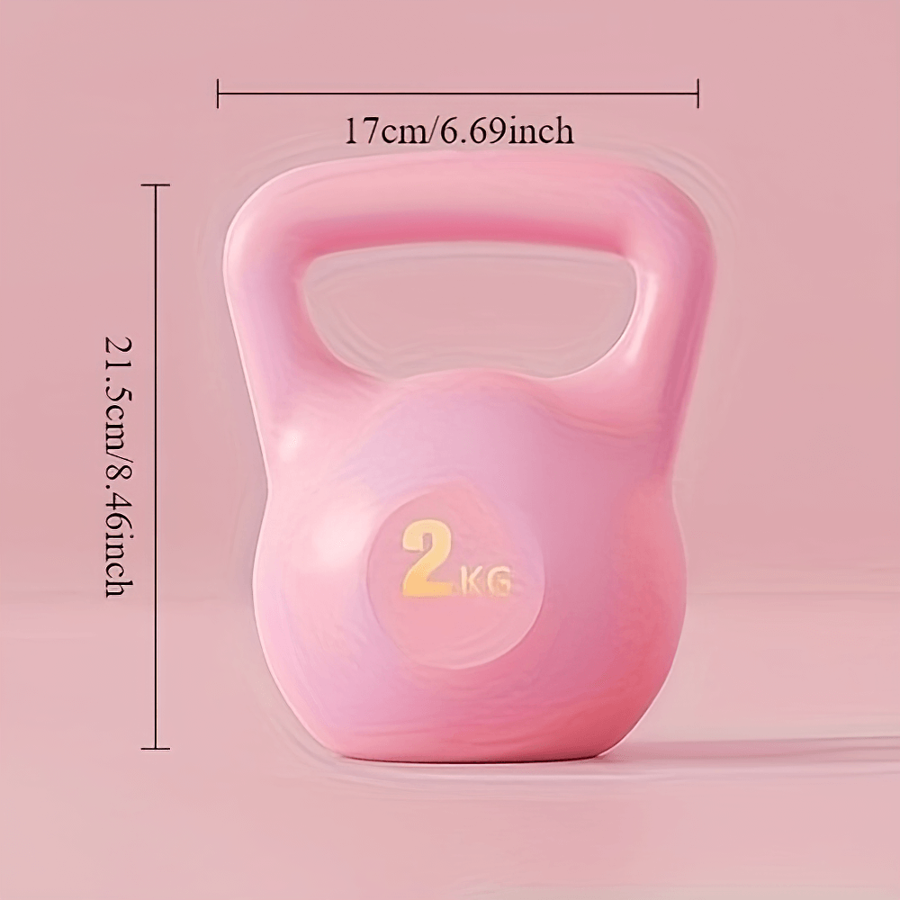 Pink ergonomic grip kettlebell for home and gym with dimensions 17cm x 21.5cm, ideal for strength training workouts.