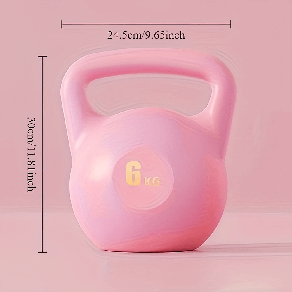 Pink kettlebell with ergonomic grip, 6 kg weight; dimensions 24.5cm x 30cm, ideal for home and gym workouts.