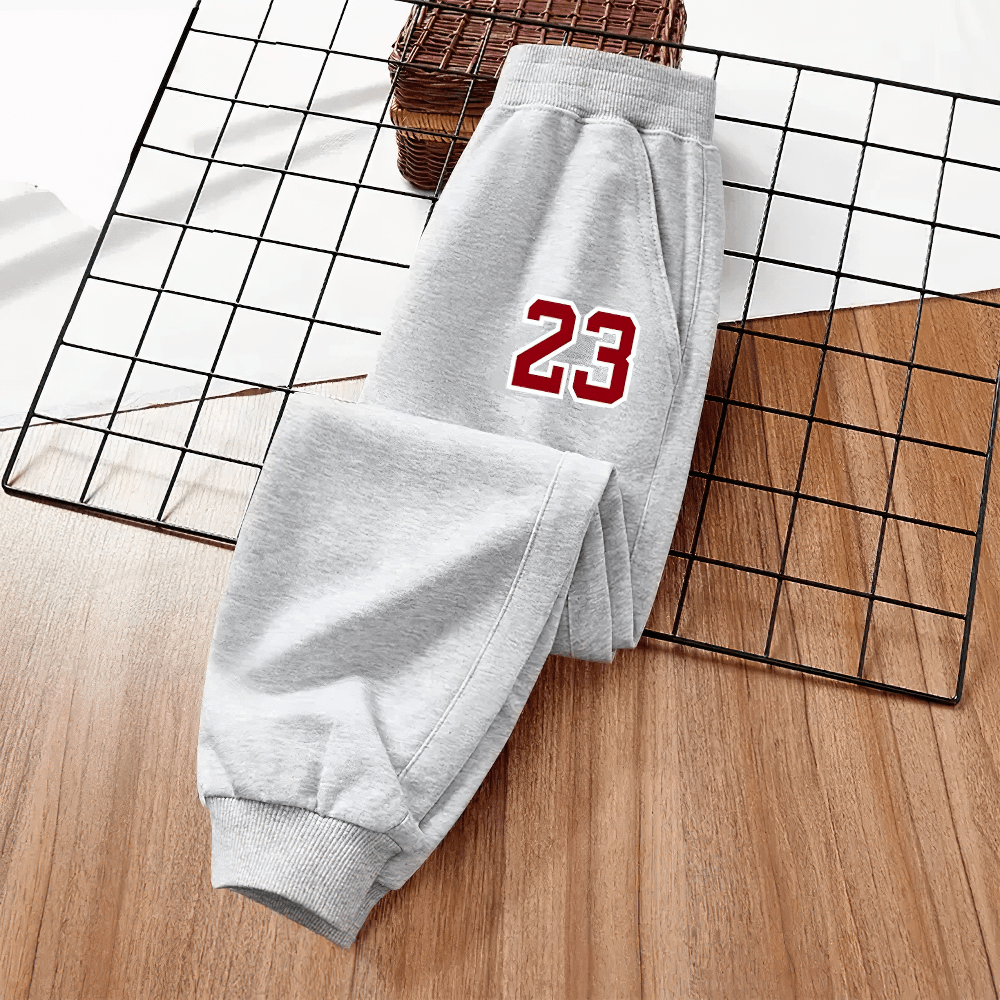 Kid's Basketball Number Long Sport Pants - SF3572 in gray with red number print, soft fabric, elastic waistband, perfect for spring and autumn.