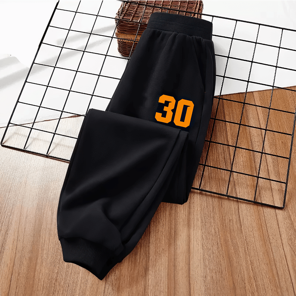 Kid's Basketball Number Long Sport Pants - SF3572 black pants with number design on wooden floor
