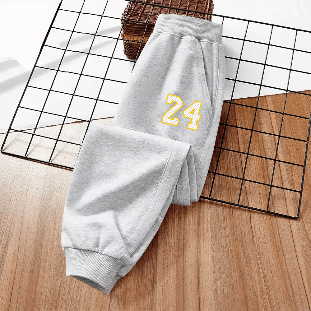 Kid's Basketball Number Long Sport Pants - SF3572 with number 24 print in gray, ideal for spring and autumn activities.