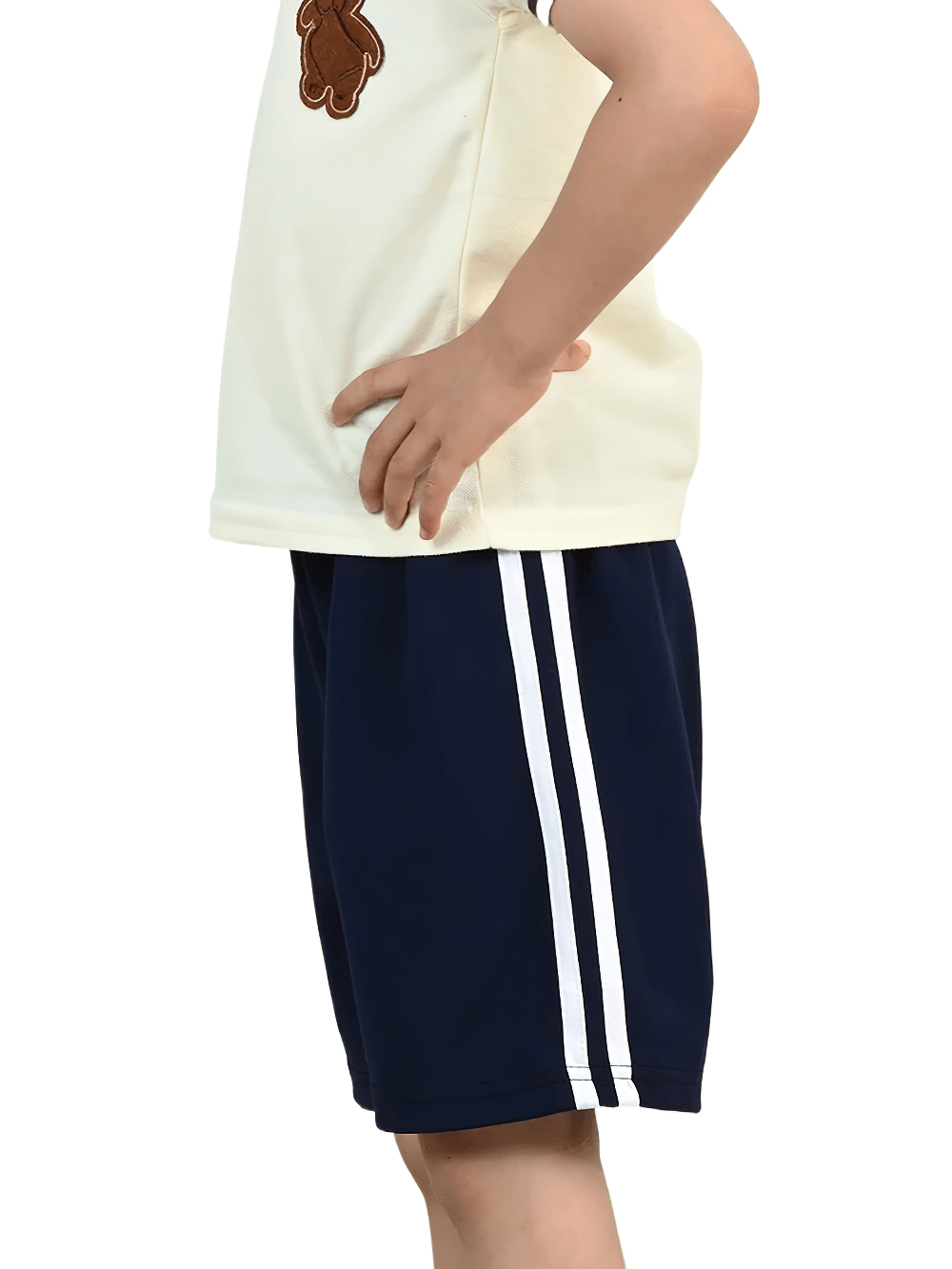 Child wearing Kids Athletic Shorts with Side Stripes Design - SF3766 in navy blue, perfect for active play and sports.
