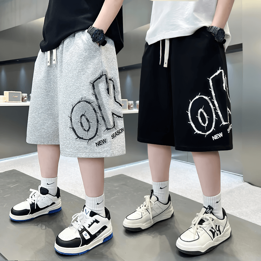Kids Baggy Cotton Shorts with Graphic Print - SF3891 in black and grey with bold lettering and elastic waistband for active boys.
